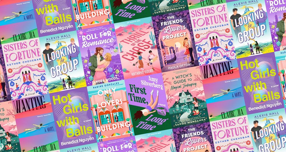 A compilation of ten book covers of ten adult fiction books being published in July 2025. Books featured include Sisters of Fortune, Looking For Group, Roll For Romance, Thrill of the Chase, The Friends-To-Lovers Project, Wanting, Hot Girls With Balls, Only Lovers In The Building, First Time, Long Time and A Witch's Guide To Magical Innkeeping