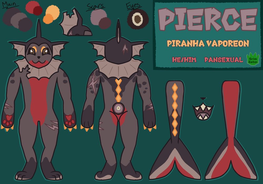 Reference Sheet for a Piranha Vaporeon character named Pierce