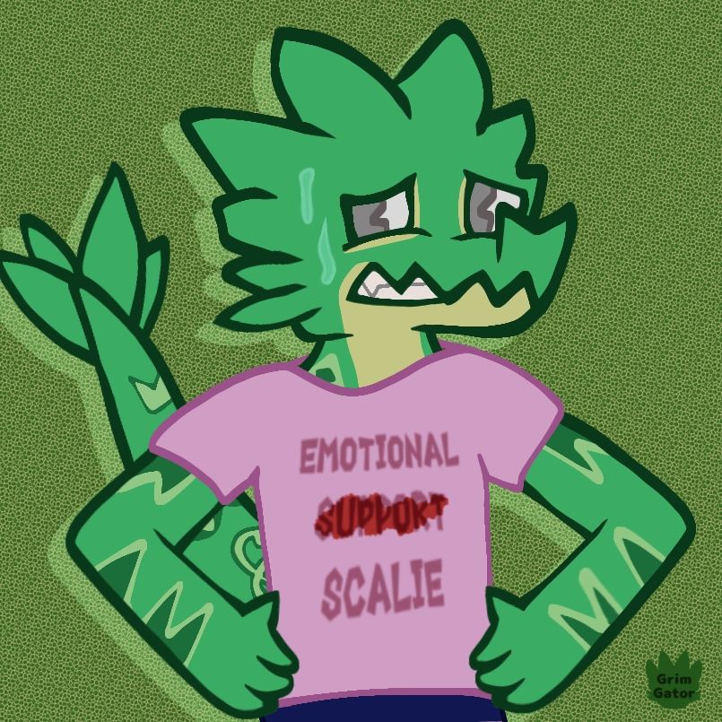 A green Embarrassed or Anxious-looking Kobold stands awkwardly wearing a t-shirt that reads "Emotional Support Scalie" with the word 'Support' crossed out.