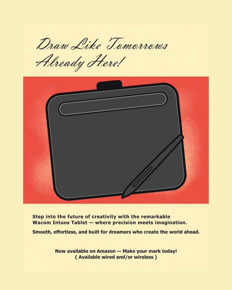 Cream colored background showing the tablet being promoted. It states that it's listed on Amazon and is available in both wired and wireless. The caption reads "Draw like tomorrow's already here!"
