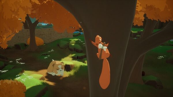 Little red squirrel climbing a tree. Dog looks interested. Big natural park.