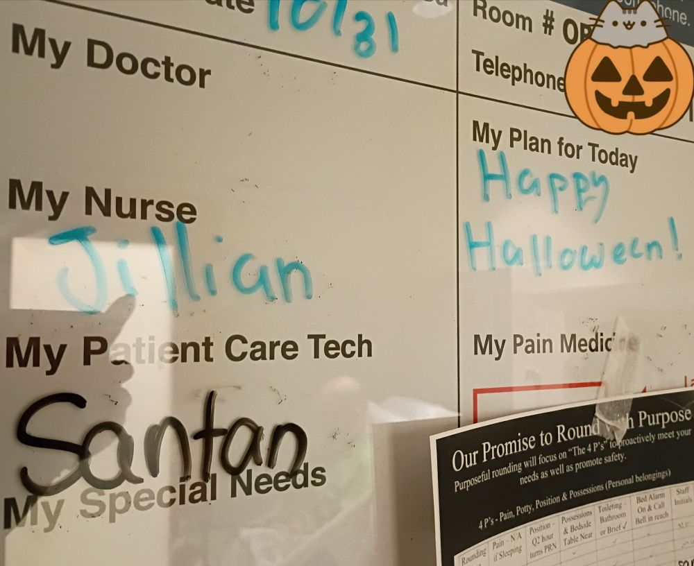 A whiteboard in a hospital room, that says the patient care tech is SANTAN on 10/31 and a note that says HAPPY HALLOWEEN.