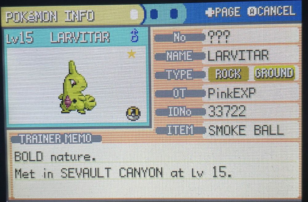Shiny Male Larvitar after 6,104 REs and 7 phases Bold nature. Found after a total of 68,840 REs