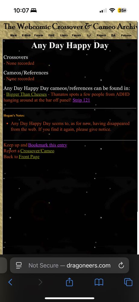 a fan website that kept track of webcomic crossovers saying any day happy day has disappeared from the web