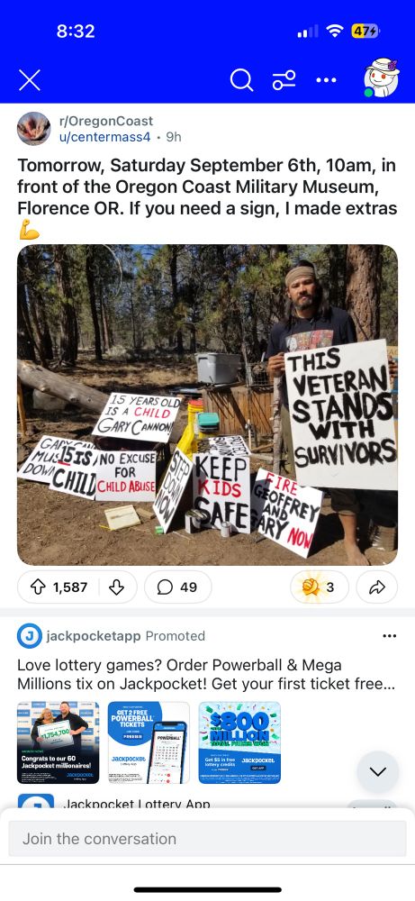 a screenshot of a reddit post which i will link. it shows a man holding lots of signs that all say some variation on shaming a sex predator. he has on a bandana. the caption tells us tomorrow he will be protesting 


https://www.reddit.com/r/OregonCoast/s/usqiwZb9VX