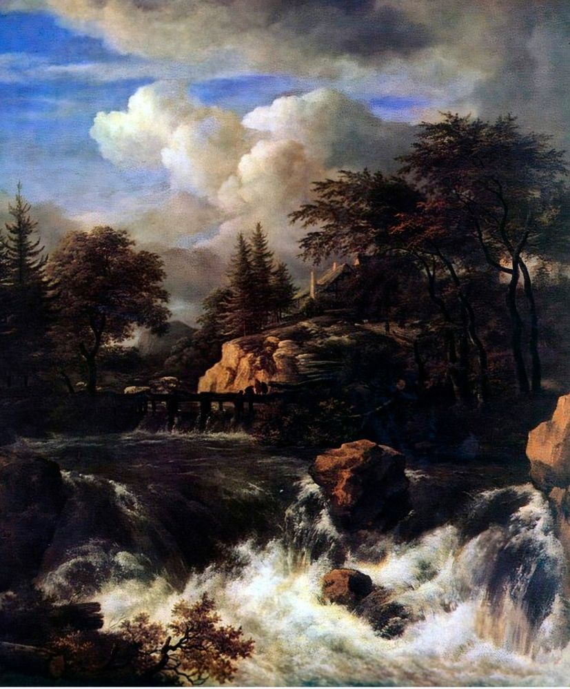 A landscape painting with a waterfall spilling over a rocky river bed. 