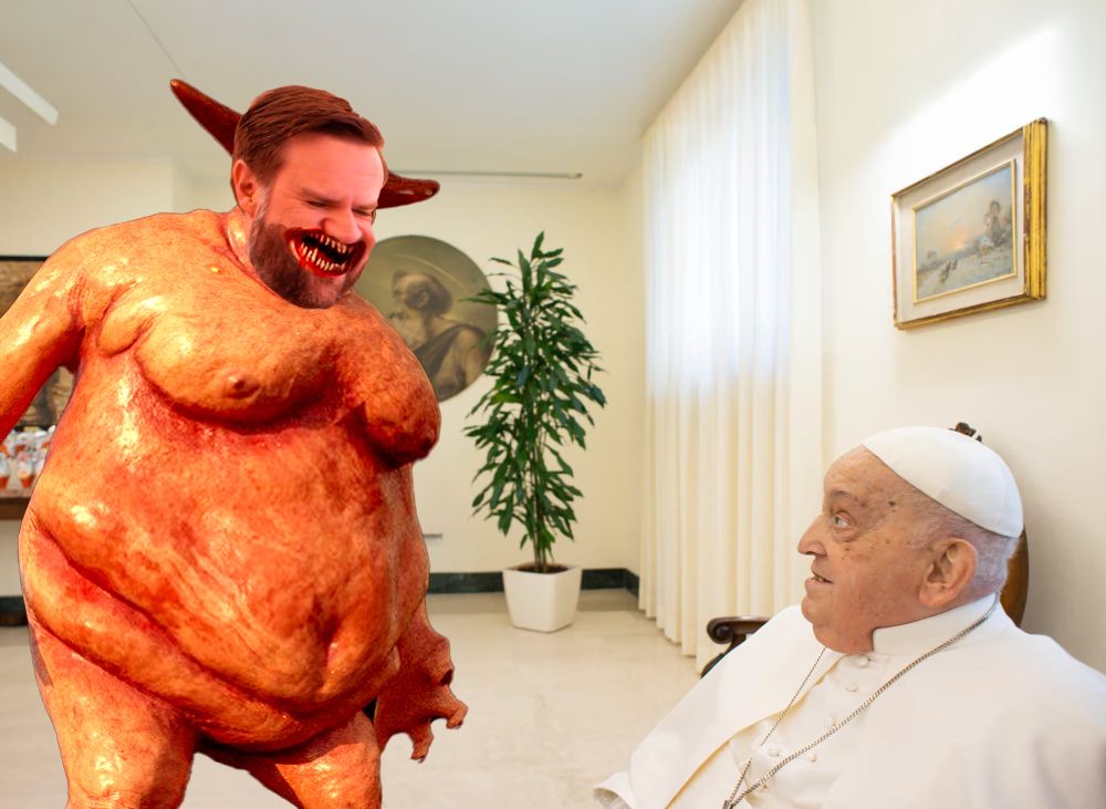 A picture of a grotesque fat demon JD Vance meeting Pope Francis hours before his death 