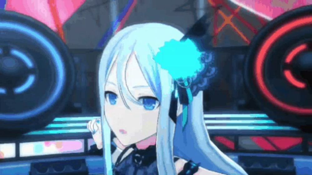 a girl with long blue hair and a flower in her hair is standing in front of speakers .