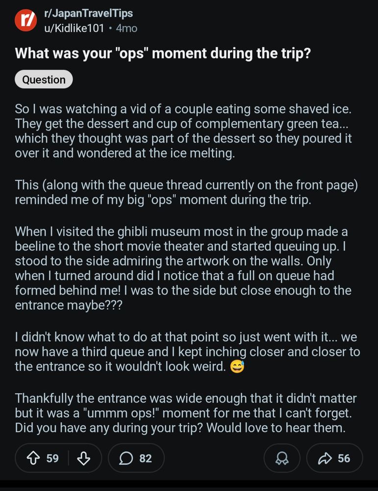 a reddit post from r/JapanTravelTips that's too long to type out and phone app won't let me copy but basically it's a user asking for your "oops!" moment but they consistently misspell it as "ops"