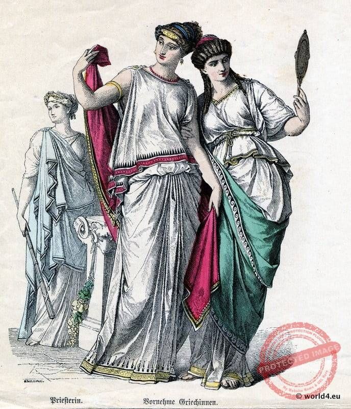 a historic illustration of three people wearing different drapes of Greek clothing