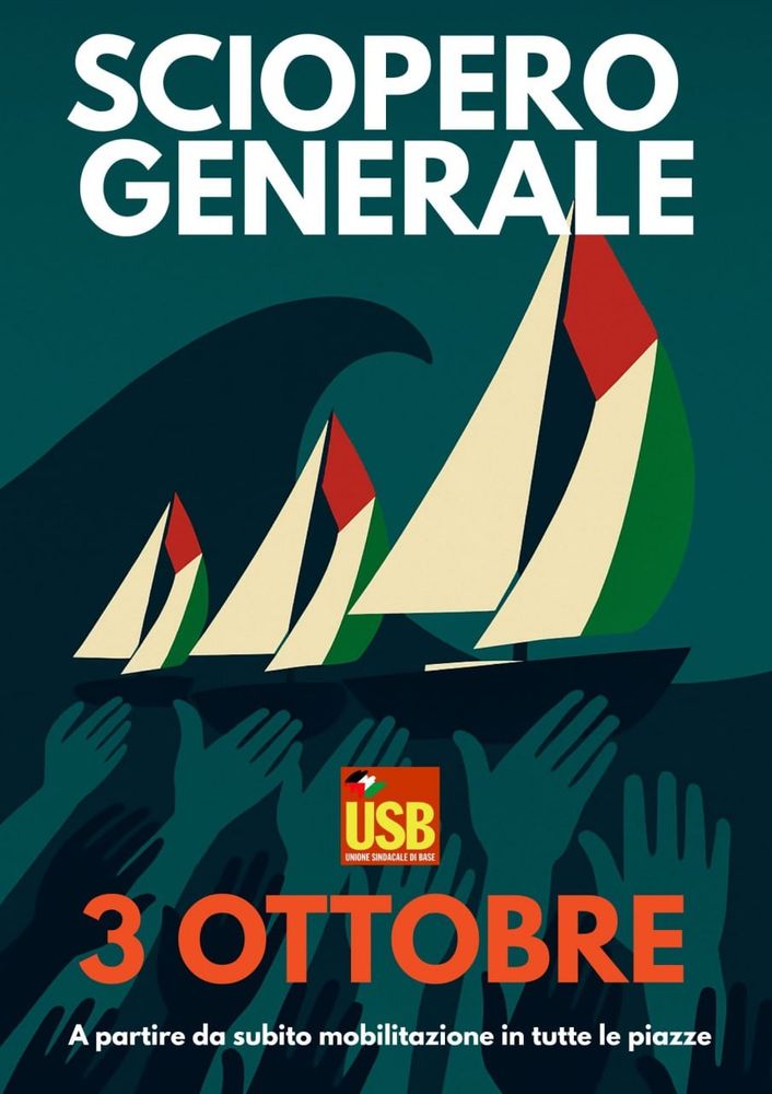Cartel anunciando la huelga general en Italia el 3 de octubre en apoyo a Palestina y a la flotilla 