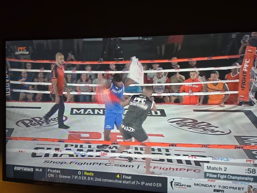 Pillow Fight on ESPN in a boxing ring 