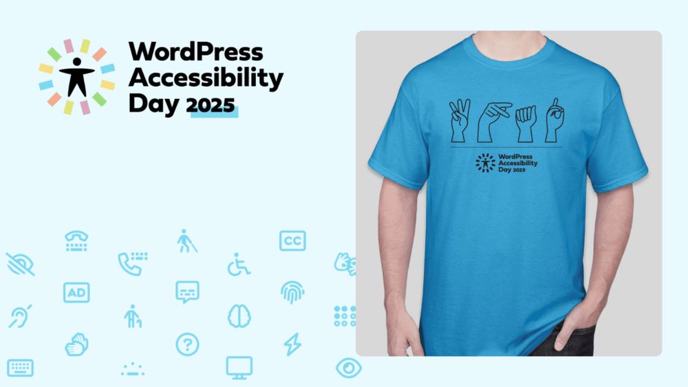 WordPress Accessibility Day 2025 t-shirt with a simple line drawing of American Sign Language hand gestures spelling out WPAD.