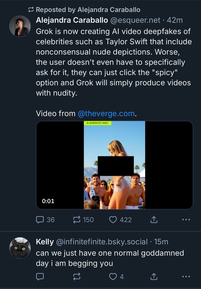 screenshot of this tweet followed by one from infinitefinite.bsky.social saying "can we just have one normal goddamned day i am begging you"