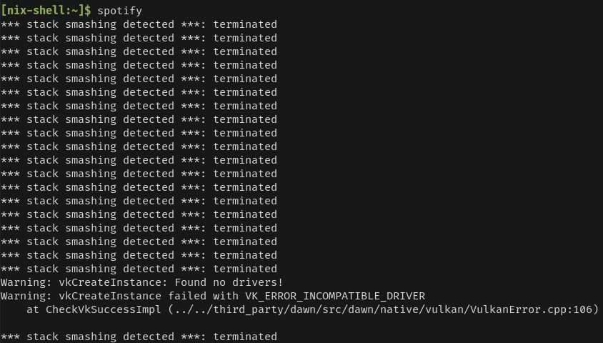 A nix-shell terminal instance showing many instances of the line:

"**** stack smashing detected ***: terminated"