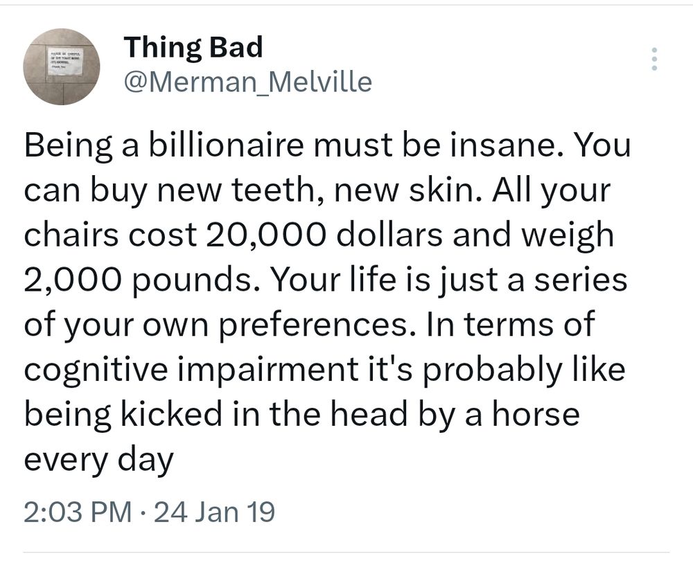 Tweet from @Merman_Melville on January 24, 2019:
Being a billionaire must be insane. You can buy new teeth, new skin. All your chairs cost 20,000 dollars and weigh 2,000 pounds. Your life is just a series of your own preferences. In terms of cognitive impairment it's probably like being kicked in the head by a horse. 
