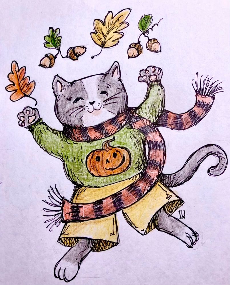 My drawing of a happy sweatered kitty tossing leaves and acorns into the air to celebrate the coming of autumn.