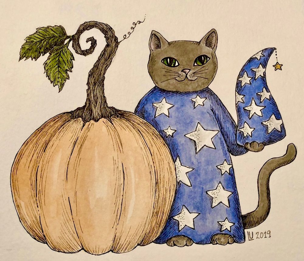My painting of a gray Kitty Wizard in a blue robe and hat covered in white stars. He stands next to a big, orange pumpkin. 