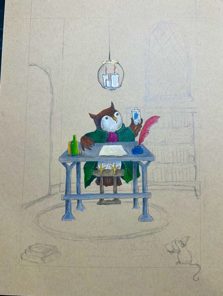 My painting of an Apothecary Owl sitting at his desk holding up a jar with a tiny blue butterfly inside. 