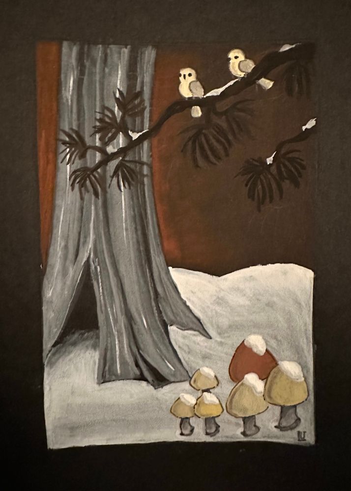 My painting based on a Vernon Grant snow seen with mushrooms in the forest. 