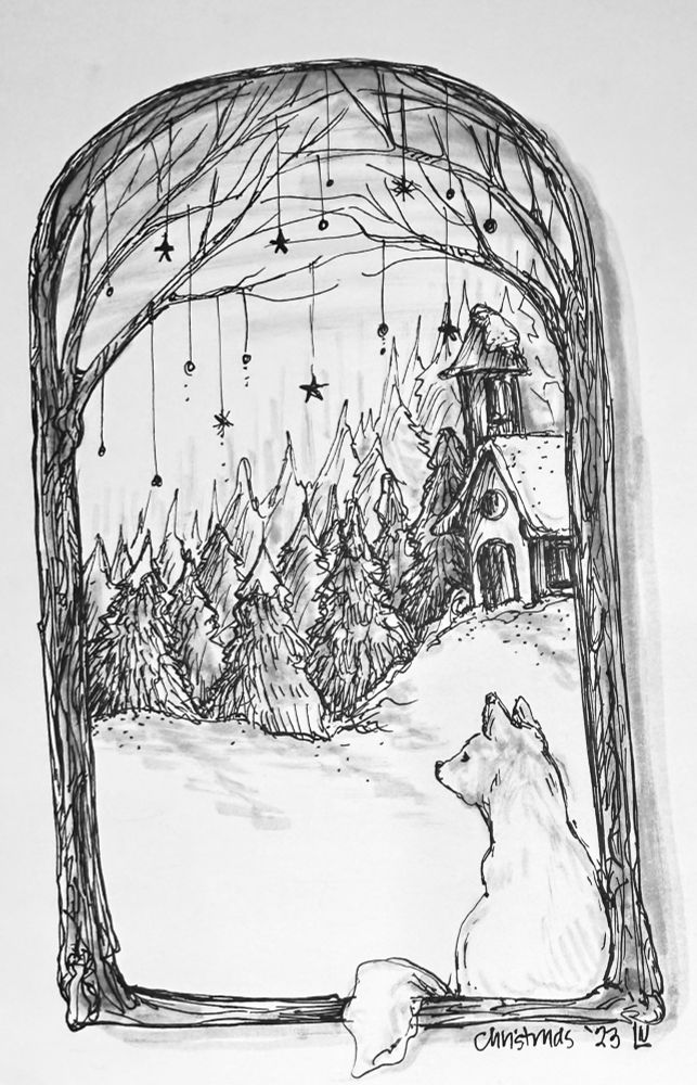 An ink sketch of a fox overlooking a snowy woodland scene.