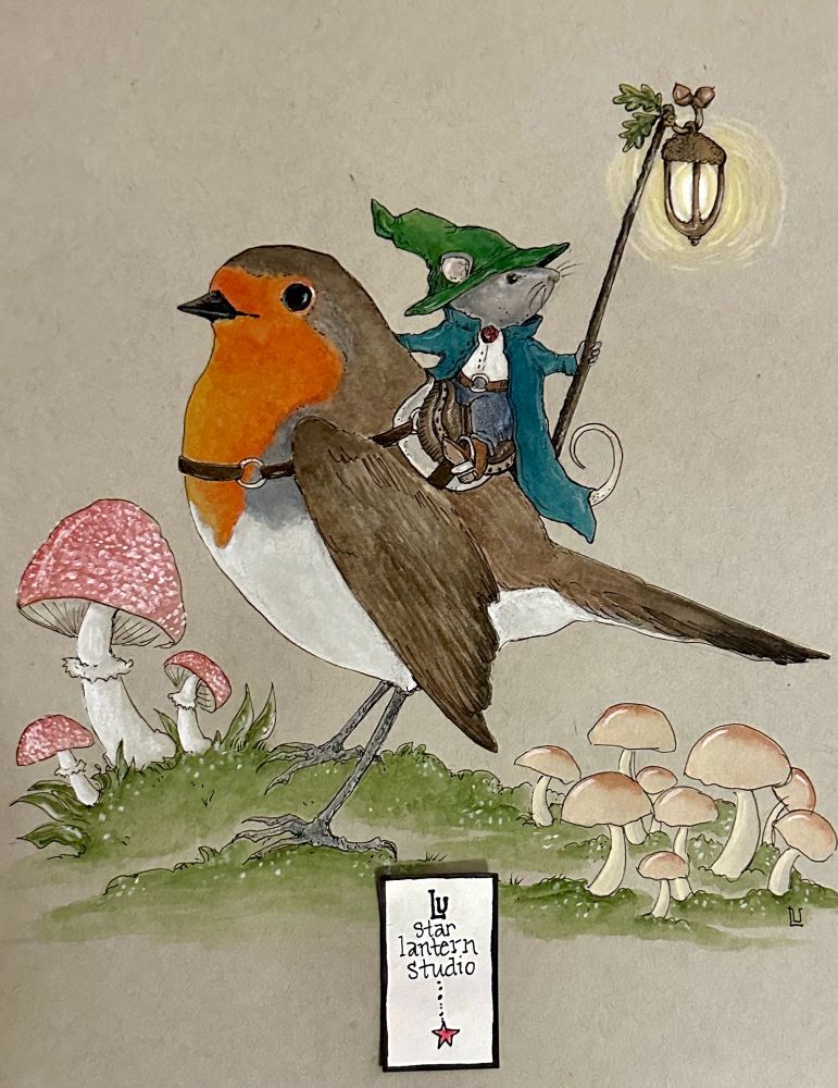 My painting of the Mouse Wizard riding his trusty robin whilst carrying his acorn lantern staff. 