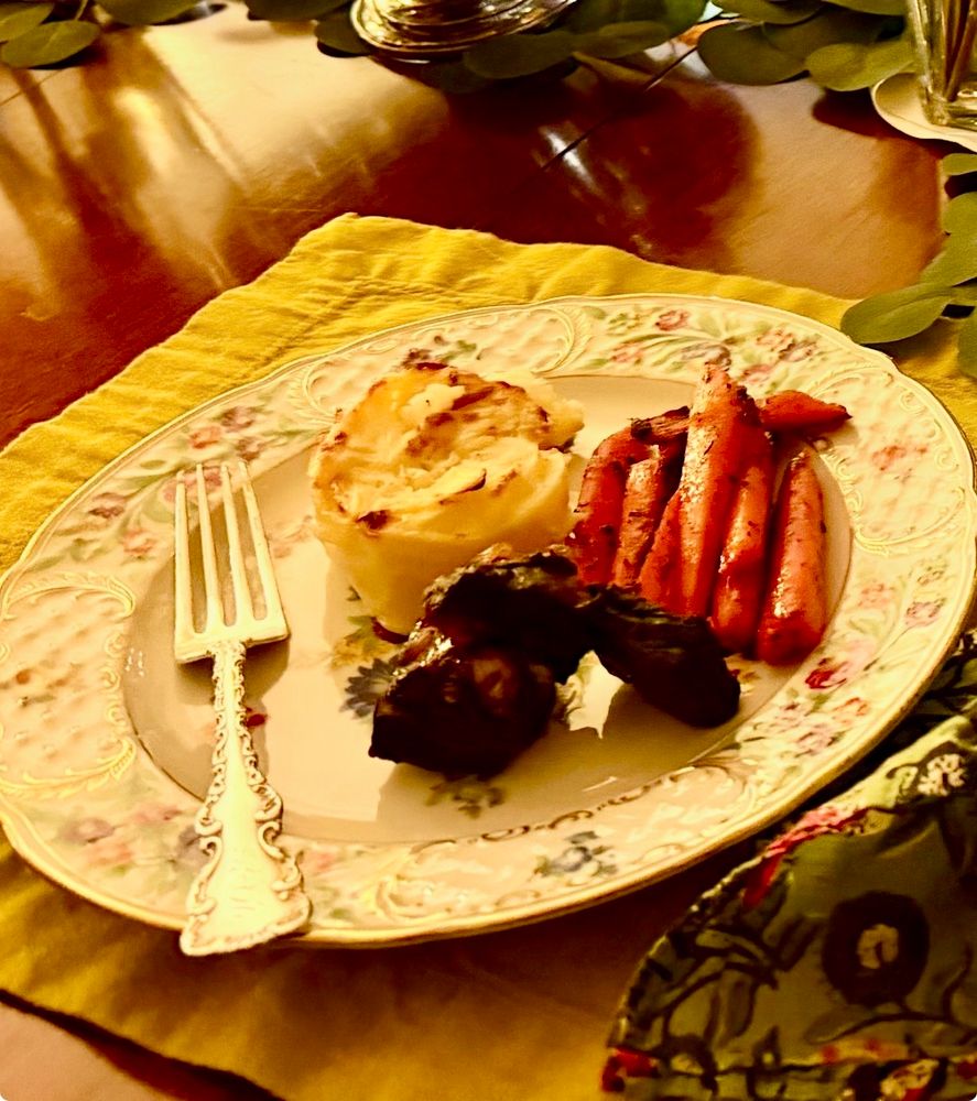 Short ribs, potato soufflé, and glazed carrots for dinner!