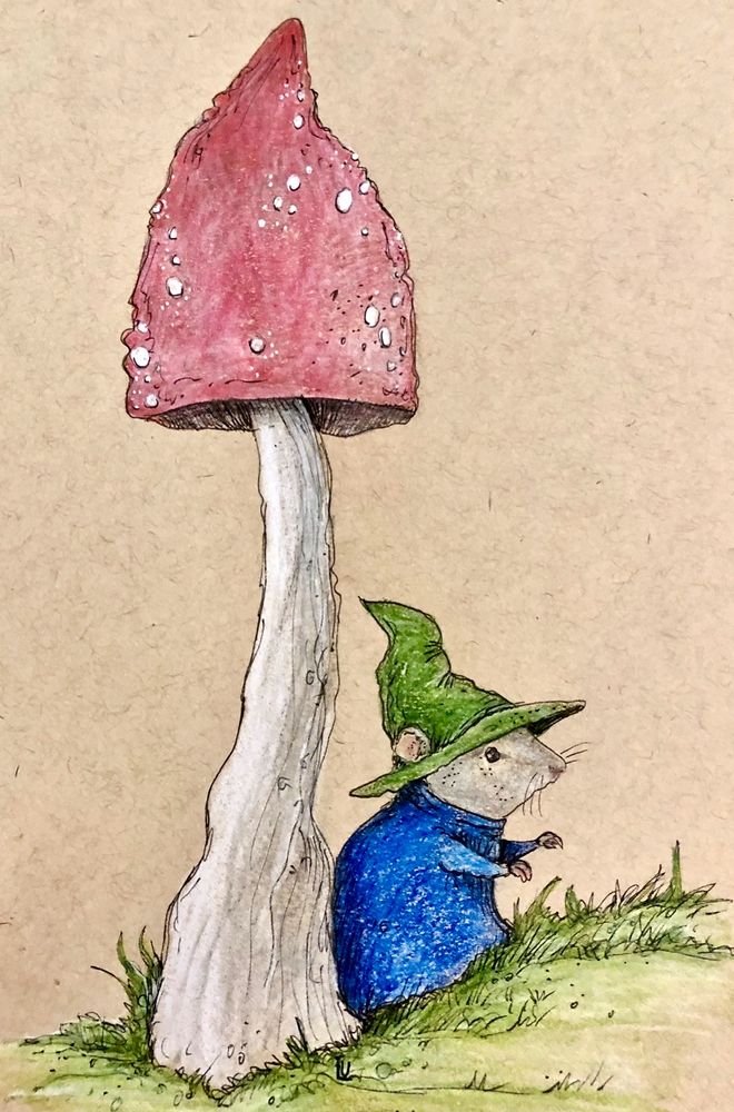 My Mouse Wizard stands under a large red capped mushroom while sending a hugging spell to anyone who needs it. 