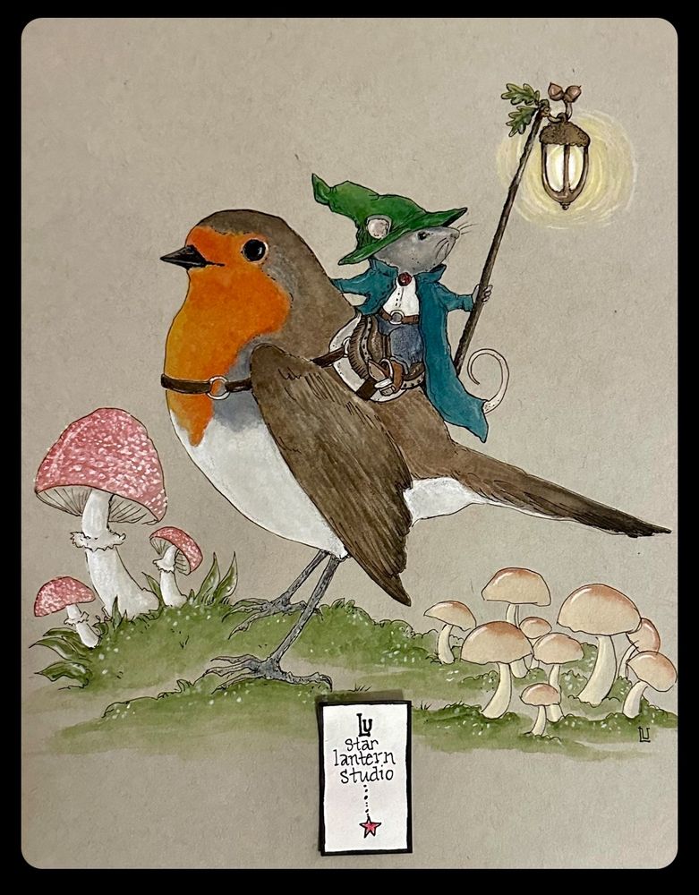 My painting of the Mouse Wizard riding on his trusty Robin mount. 