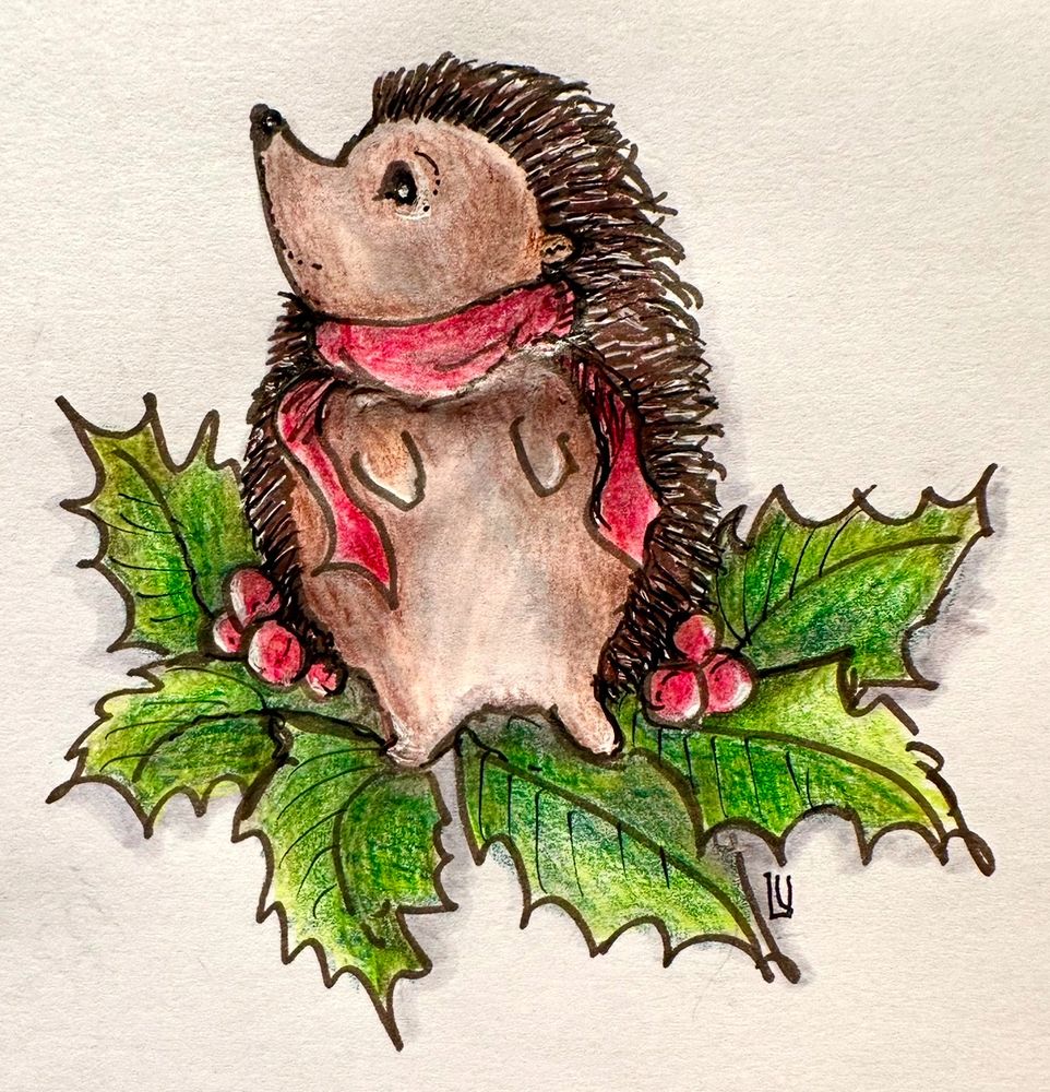 Colored pencil drawing of a hedgehog with a red scarf amongst the holly leaves and berries. 