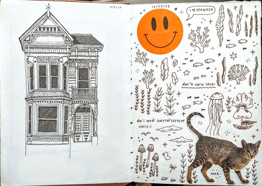 an open sketchbook, on one page is a drawing of a house in san francisco - in a neat and detailed style, on the second page is a messy collage of doodles with a cutout cat from a magazine and an orange smiley face sticker