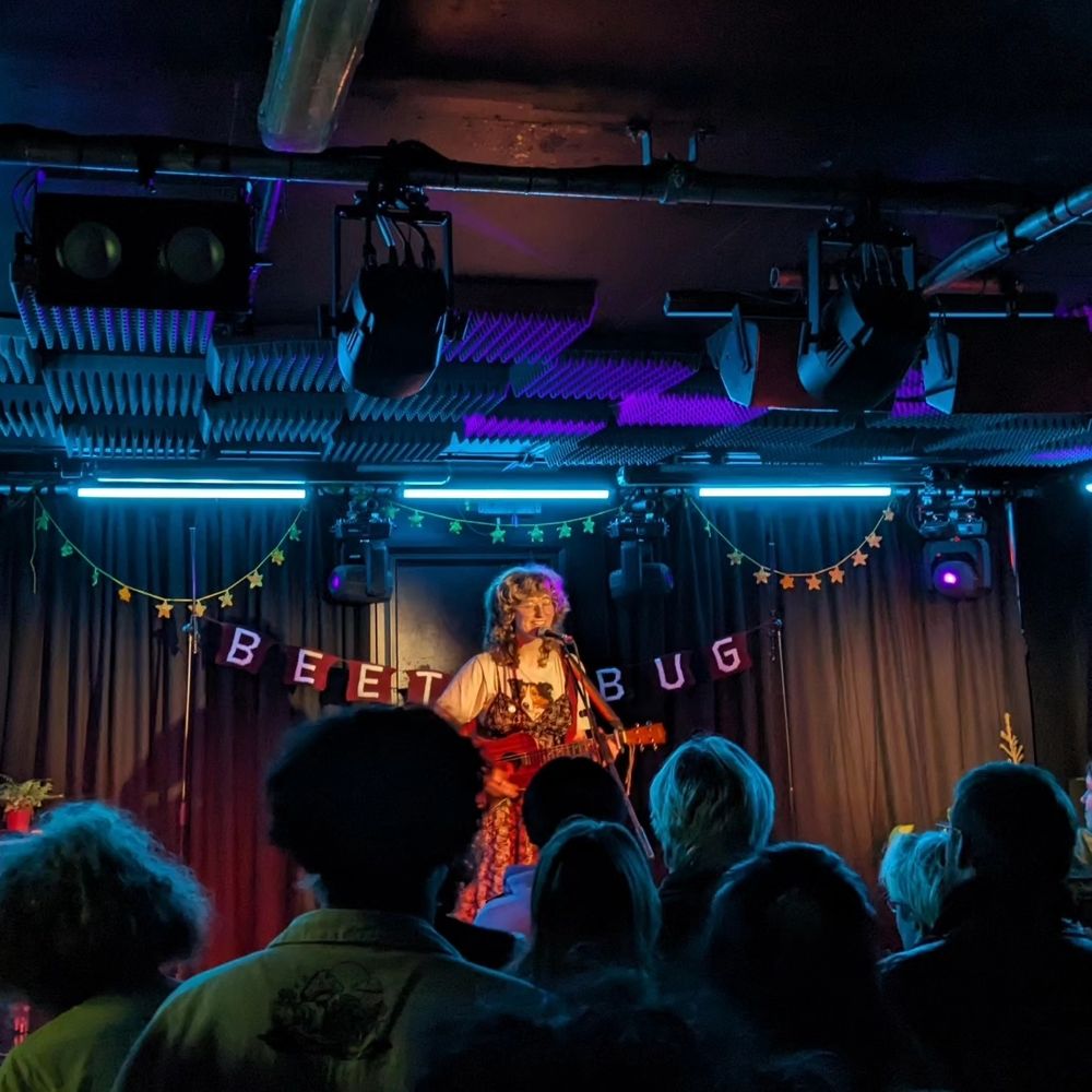 auri on stage playing to a crowd of people
