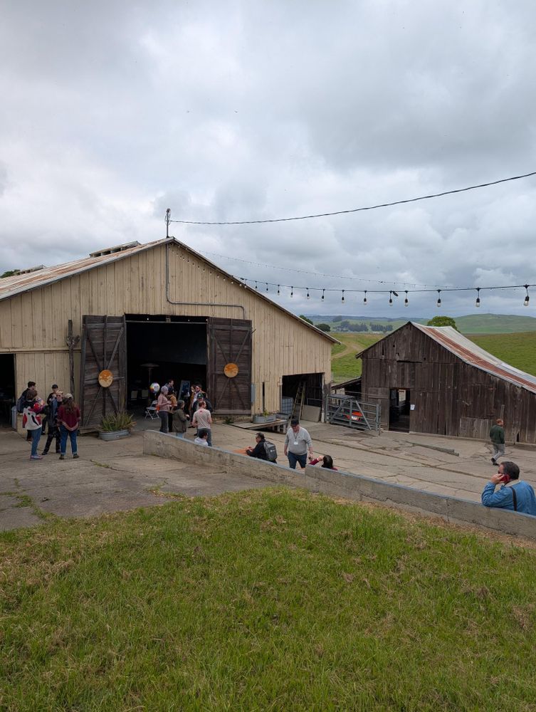 under a bright but cloudy sky, green hills in the background, sits a yellow barn, with people milling around outside. there's two open doors with the North Bay Python logo hanging from them