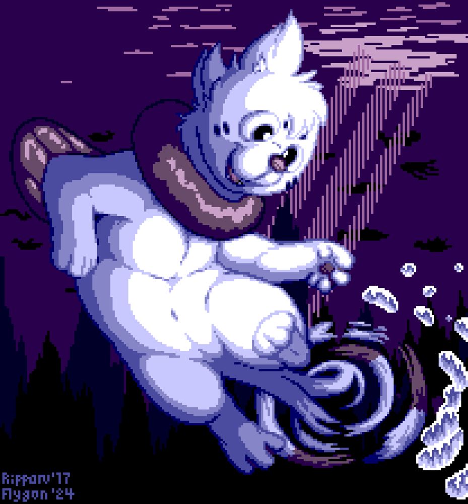 A white-furred Buizel (an otter-like Pokemon with two tails) spinning its two tails whilst deep underwater as a form of propulsion. It is looking at the bubbles generated with great fascination. The background displays many creatures of ambiguous design shown in shadowed form. There is a ray of light beaming in from the surface of the water, possibly moonlight. The scene has a heavy blue and purple tint.