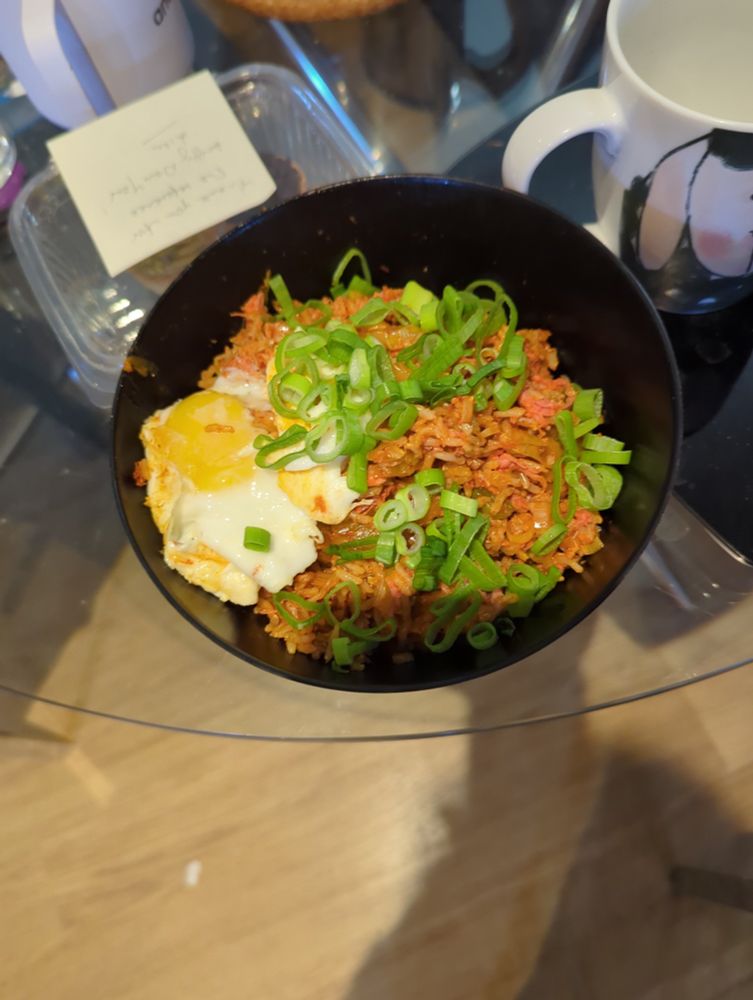 A bowl of homemade kimchi fried rice, garnished with green onion, with a badly fried egg on the top left
