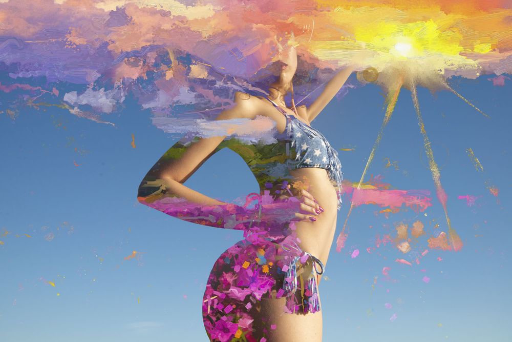 Image of model with sunset painted over the top