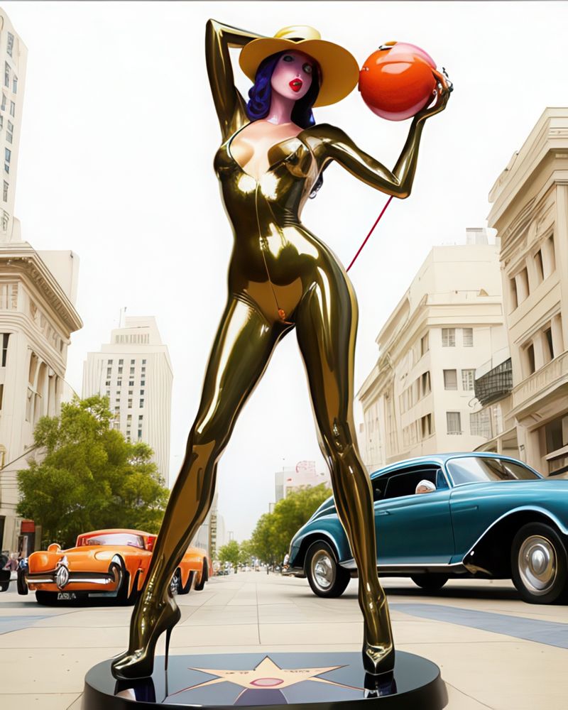 image of gold model in the middle of a city street