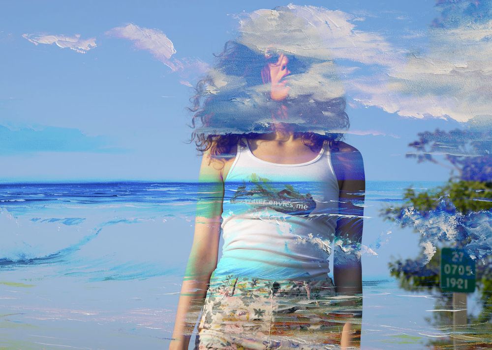 Image of a model with clouds painted over