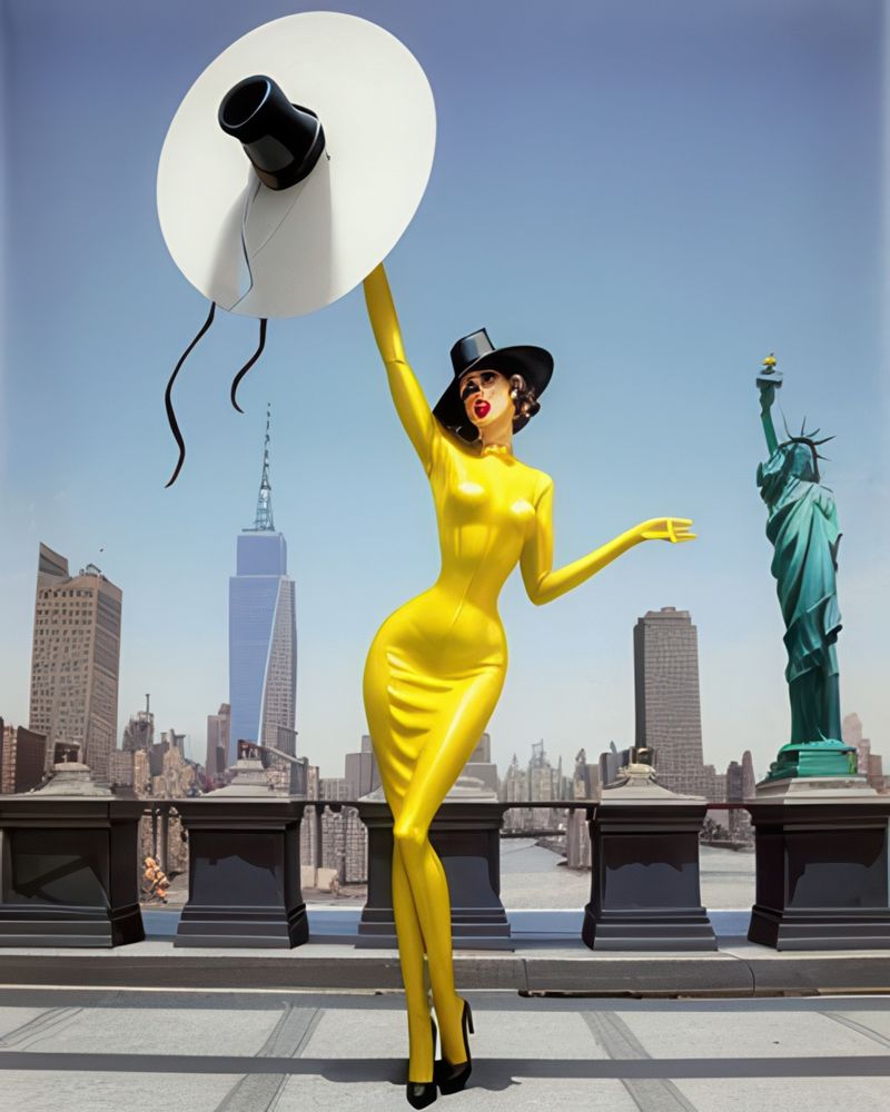 Image of model wearing yellow dress and holding a hat in front of a big city