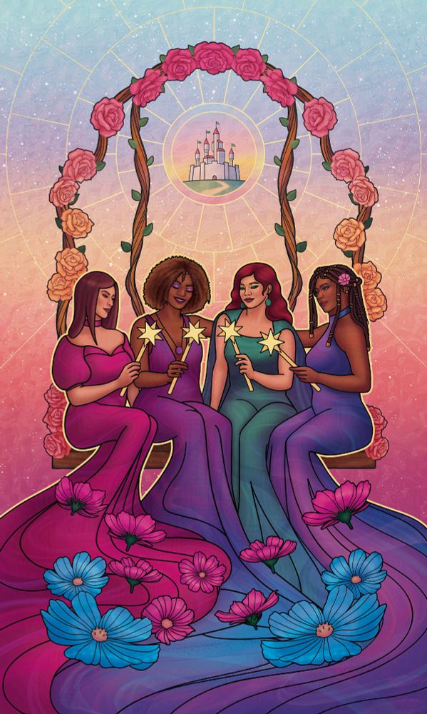 Four of Wands - Radiant Fates - Stained Glass Tarot project
The illustration depicts the Four of Wands tarot card. The card carries the meanings of family, celebration, home, belonging, etc. The themes of the card are depicted by 4 women sitting on a swing bench together, each holding their own wand pointing upwards. The swing has 4 branches going upwards, arching and connecting in the center, creating a frame around the women and a rosette-style window depicting a castle. The background is a glassy texture with a soft gradient incorporating blues, purples, yellows, oranges and pinks, with a yellow graphical element extending from the castle frame, and stars. The foreground is covered in more flowers in pinks and blues.
The image is stylized, with heavy black linework, referencing a stained glass look in theme with the project.
