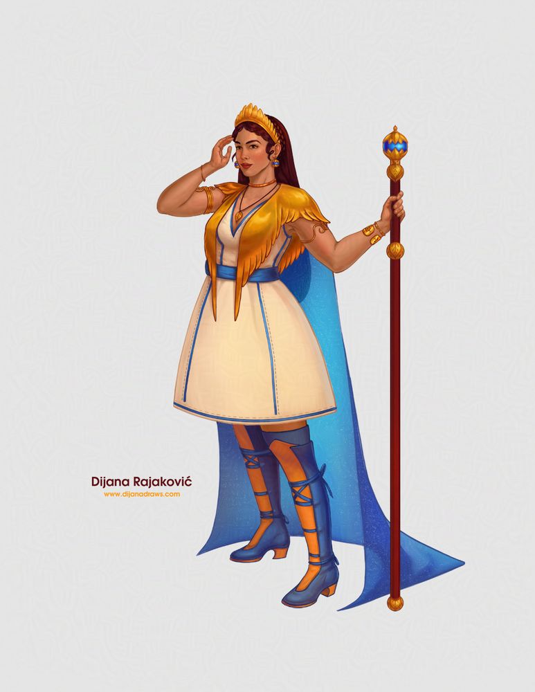 Aurelia - character illustration
The image shows a stylized character illustration of the main character of Sky Across - Aurelia - on a white background. The character is a female, standing while leaning on a tall regal staff, while dressed in a "ceremonial" outfit for her setting. She’s wearing a stiff pale cream dress with blue decorative linings around the edges, and a v-neck cut, a gold feathery shawl draped over her shoulders, and she has thigh-high blue and orange leather boots with a small heel. She’s wearing gold jewelry, her earrings feature the same blue gemstone as her staff, while the leaf motif repeats between the bits of staff and her necklace pendant. She’s wearing a gold feathery tiara that matches her scarf. Her hair is long and dark red/purple, with a braid coiled around her head behind the tiara.
