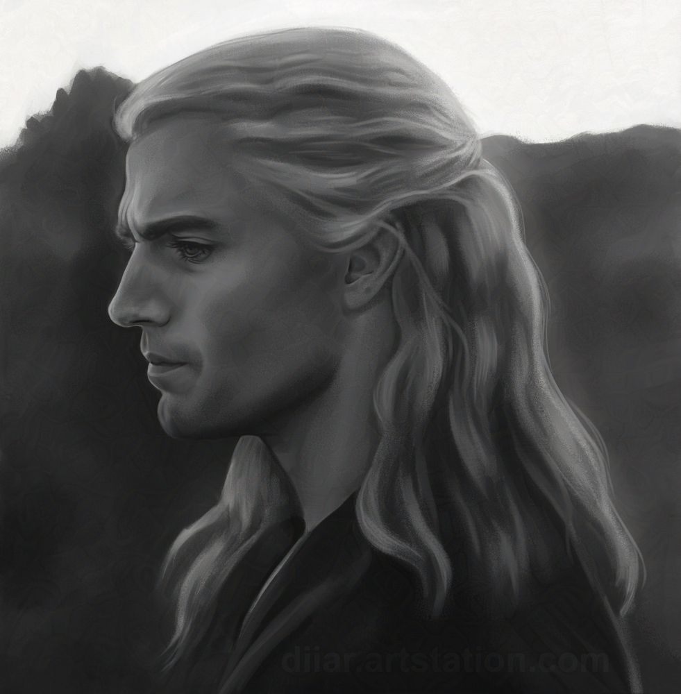 The Witcher, TV show fanart, portrait of Geralt
The image depicts a realistic grayscale side profile painting of Henry Cavill in his role of Geralf of Rivia, from season one of the TV show "The Witcher". The portrait is set against an out-of-focus landscape.
