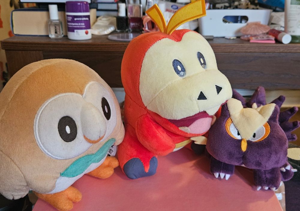 Rowlet, a grass owl pokemon. Fuecoco, a fire crocodile pokemon. Stunky, a poison skunk pokemon. They are all plushes. They are all my friends.