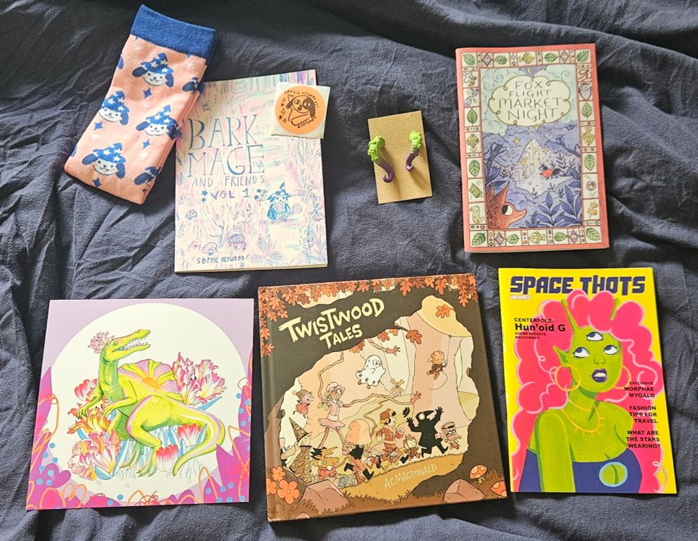 L-R, Top-Bottom: socks with a dog magician on them, the comic Bark Mage, a pair of mis-matched tentacle earrings, the comic Fox Flight Market Night, a print of a dinosaur with mushrooms growing out of it, the comic Twist wood Tales, the fictional magazine Space Thots