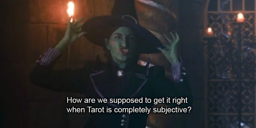 Evil witch Agatha Harkness getting angry about the subjectivity of Tarot cards.