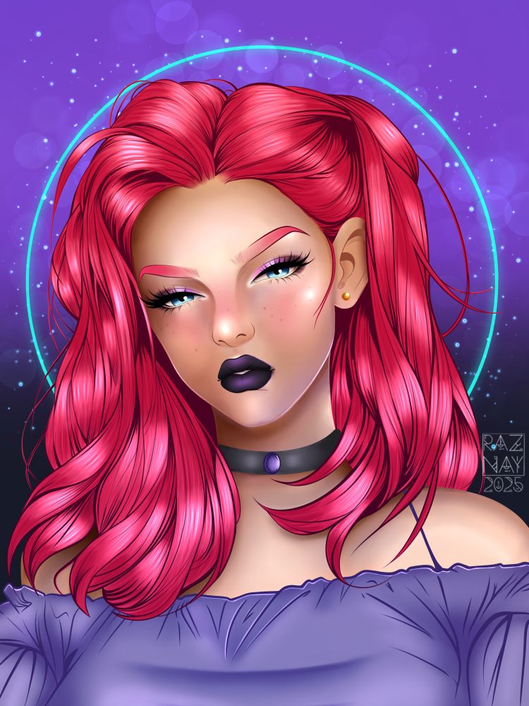 Portrait of my persona Razzy Witch. She has vibrant pink hair, blue eyes and black lips. She wears a black choker with amethyst gem, an off the shoulder top and gold earrings. 