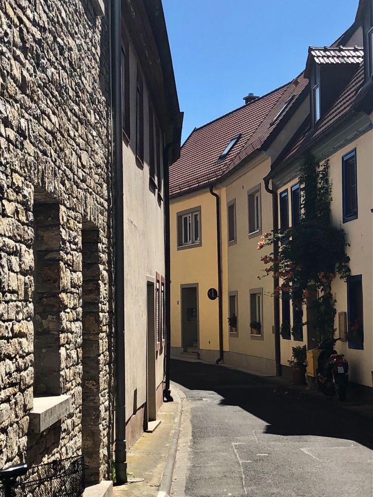 Narrow street in wine-producing Volkach, Franken, Germany