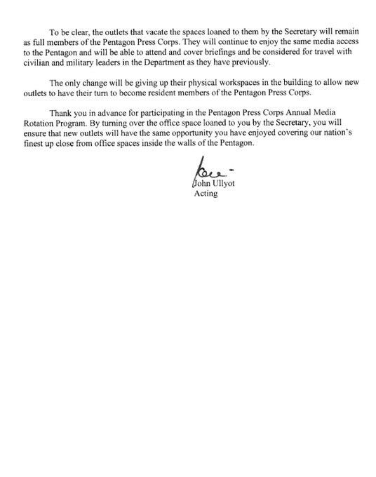 Memorandum to the Pentagon Press Association informing them that the Pentagon will “rotate out” NYT, NBC, NPR, and Politico to make room for the NY Post, OANN, Breitbart, and HuffPost.