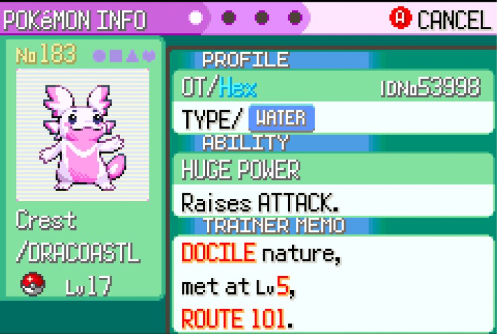 An Emerald pokemon summary screen showing a shiny 'Dracoastl'. the pokemon is pink instead of teal