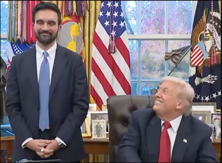 an actual photo of trump fucking BEAMING at mamdani and mamdani acting like that one video of ishowspeed where he's trying not to laugh